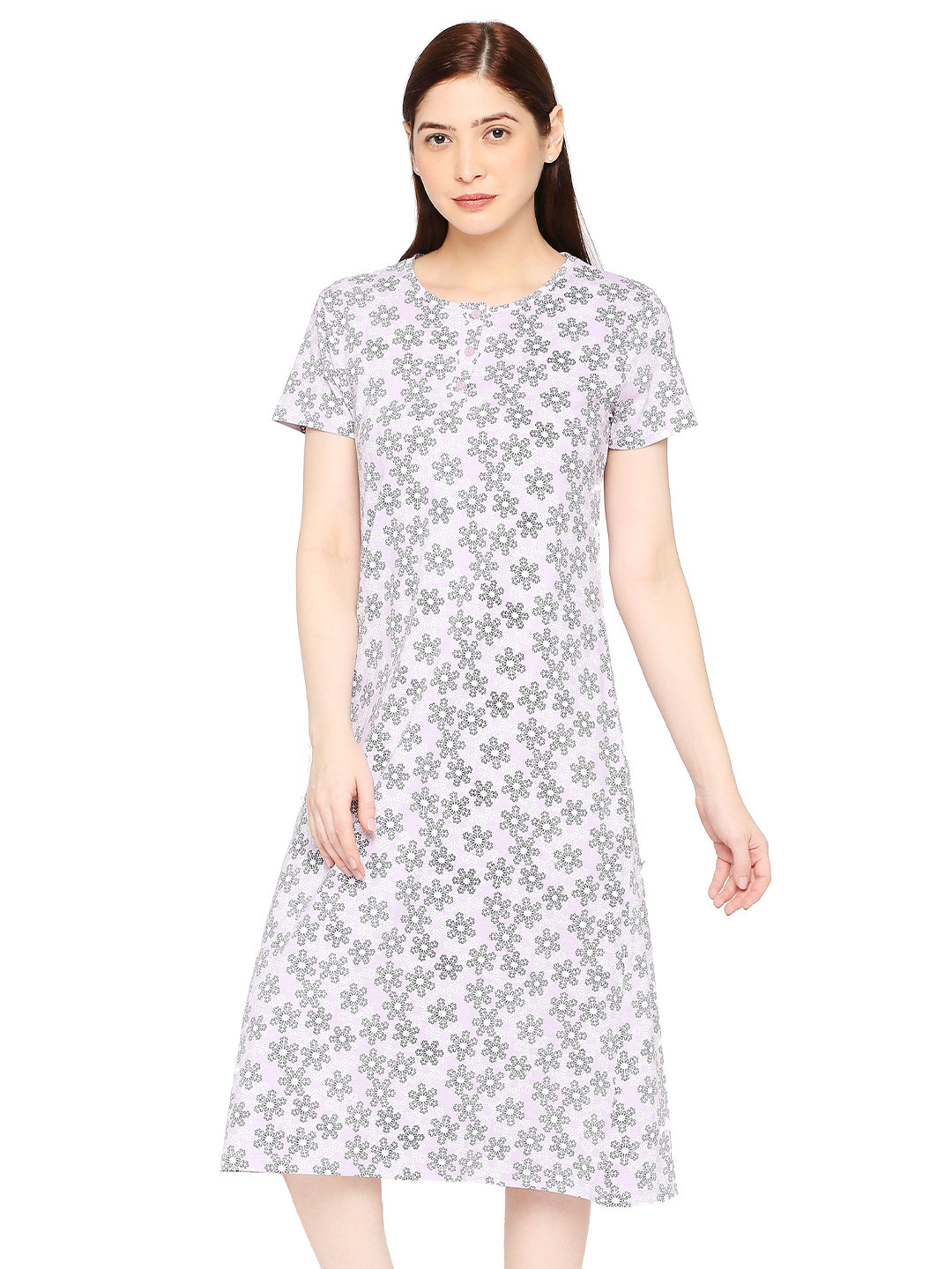 

zebu Floral Printed Pure Cotton T-Shirt Nightdress, Lavender