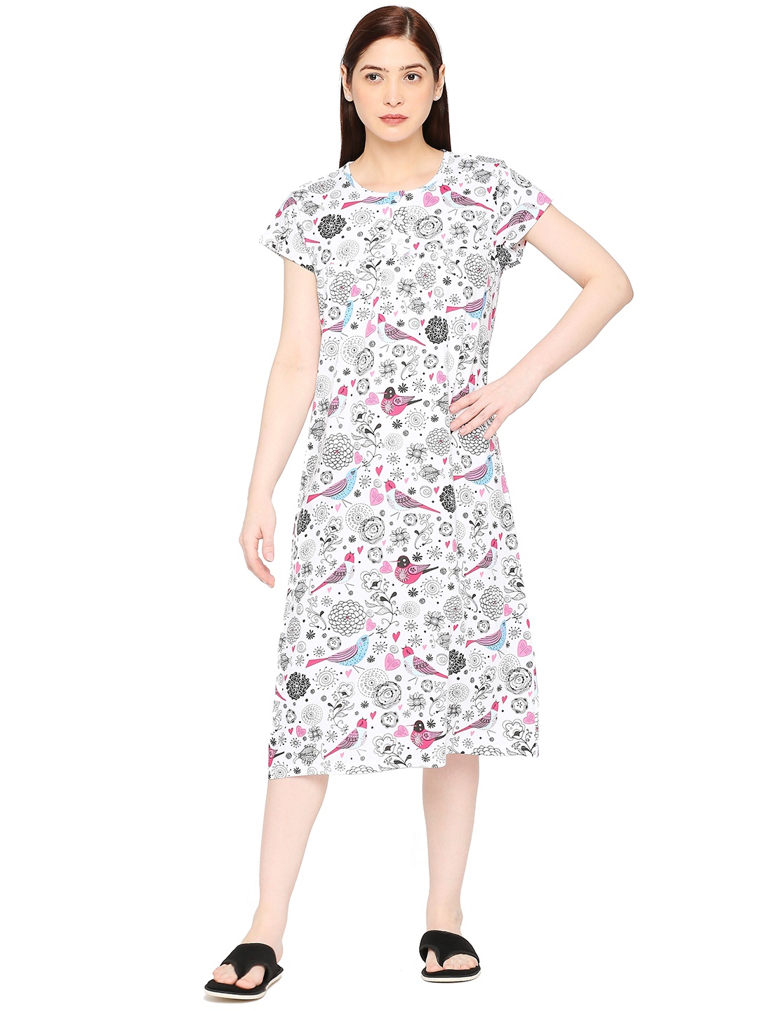 

zebu Floral Printed Pure Cotton T-Shirt Nightdress, White