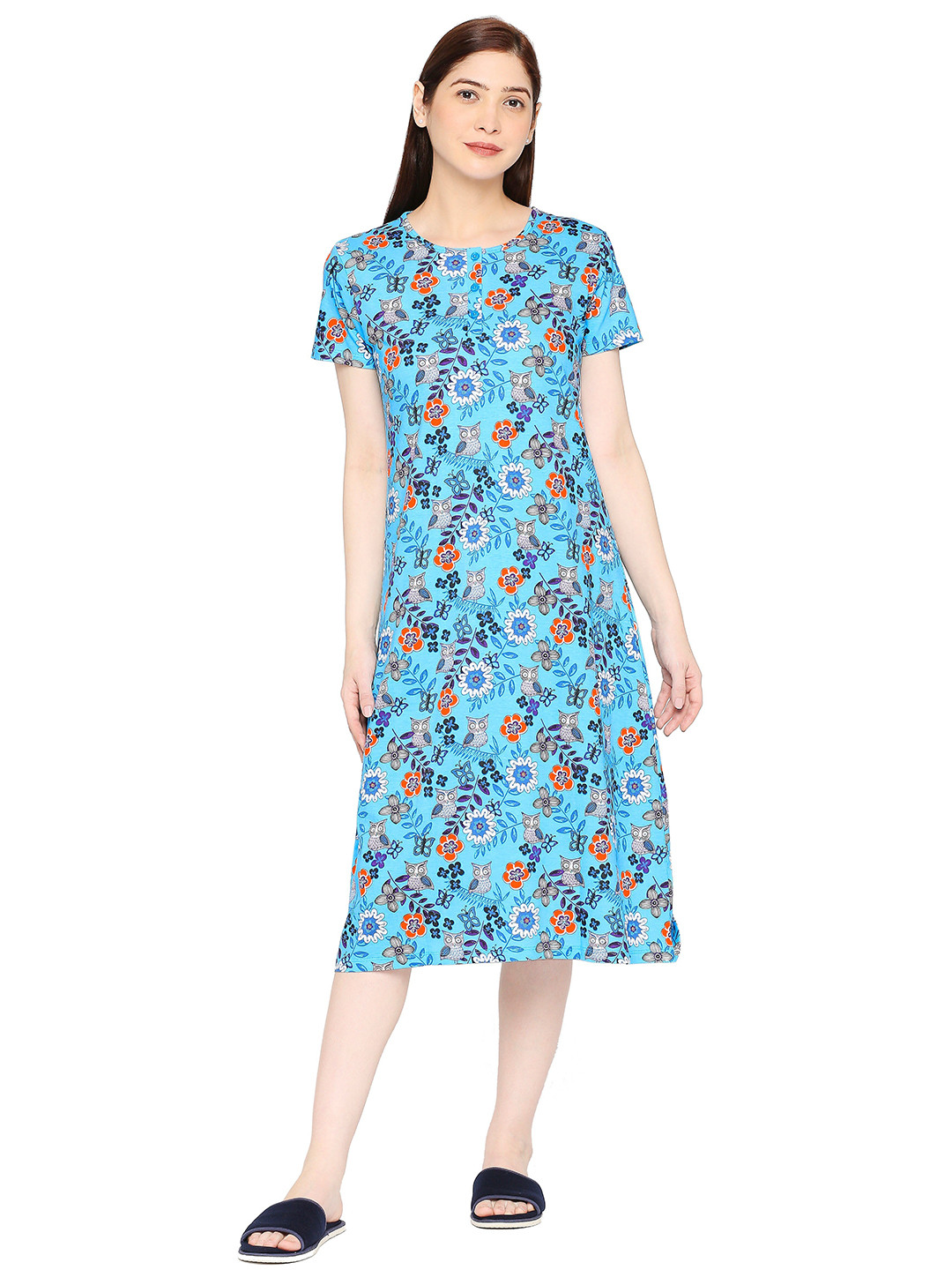 

zebu Floral Printed Pure Cotton T-Shirt Nightdress, Blue