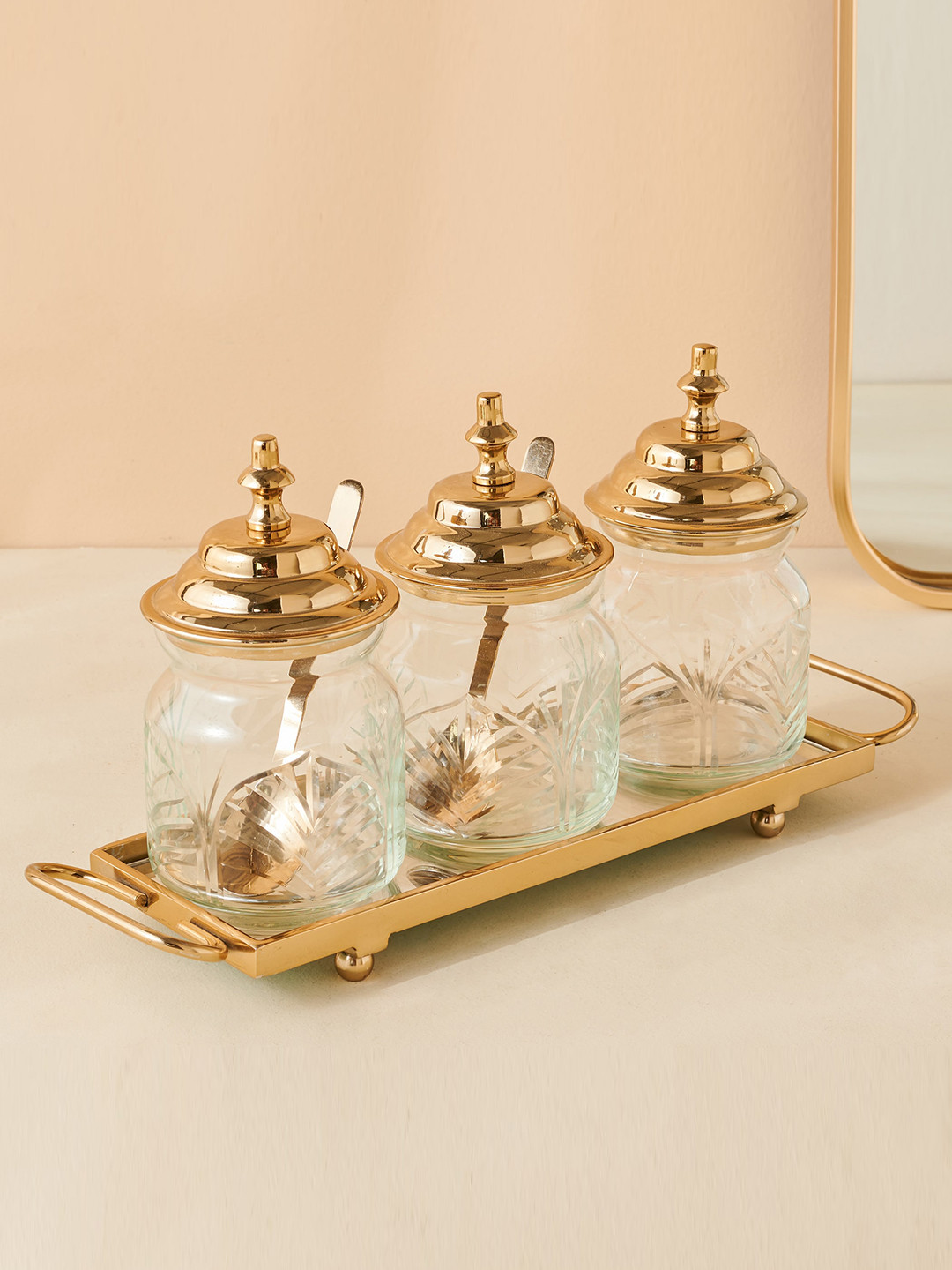 

Home Centre Glass Condiment Set With Metal Base - 300ml, Gold