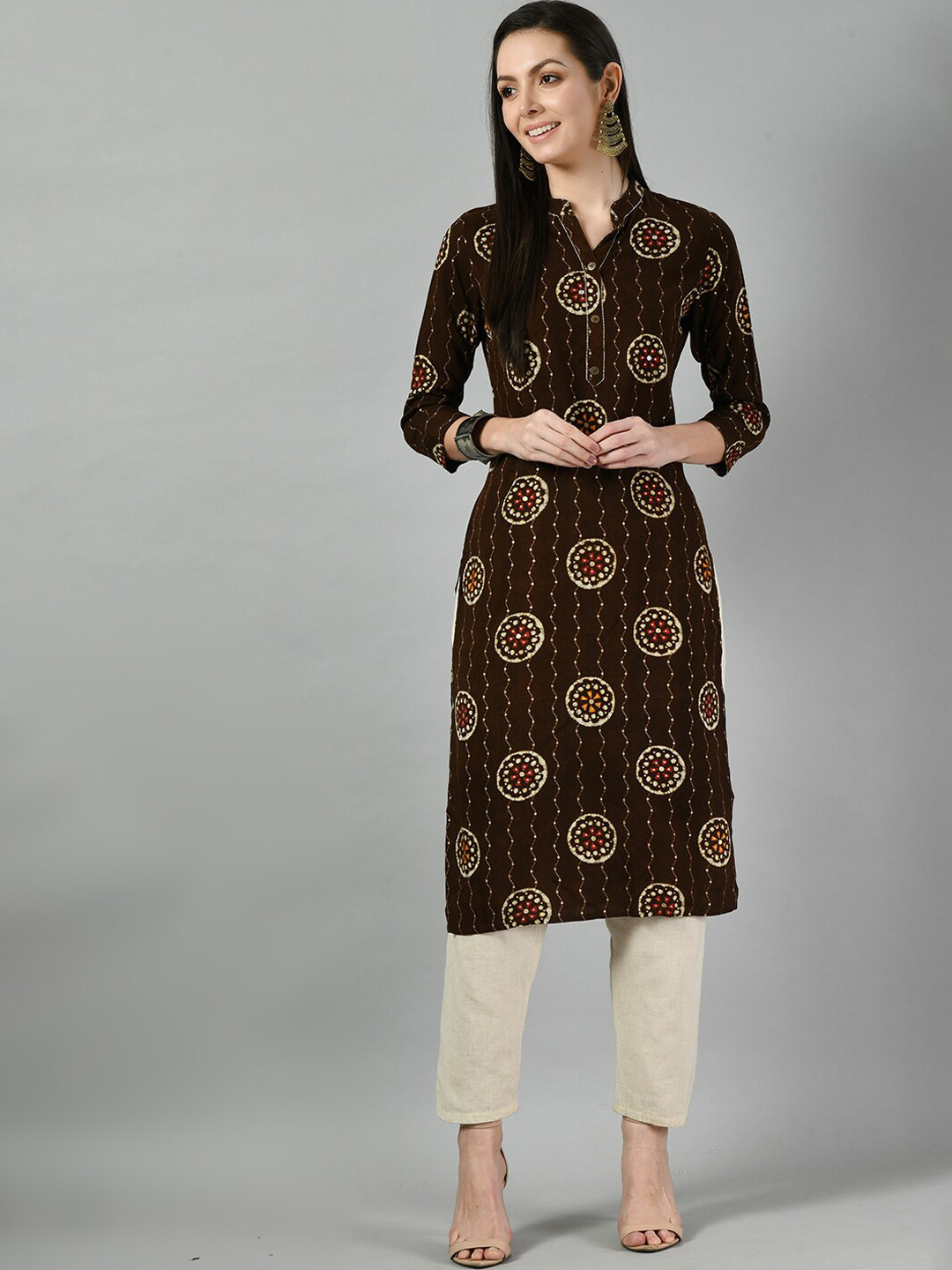 

Altiven Geometric Printed Gotta Patti Straight Kurta, Brown