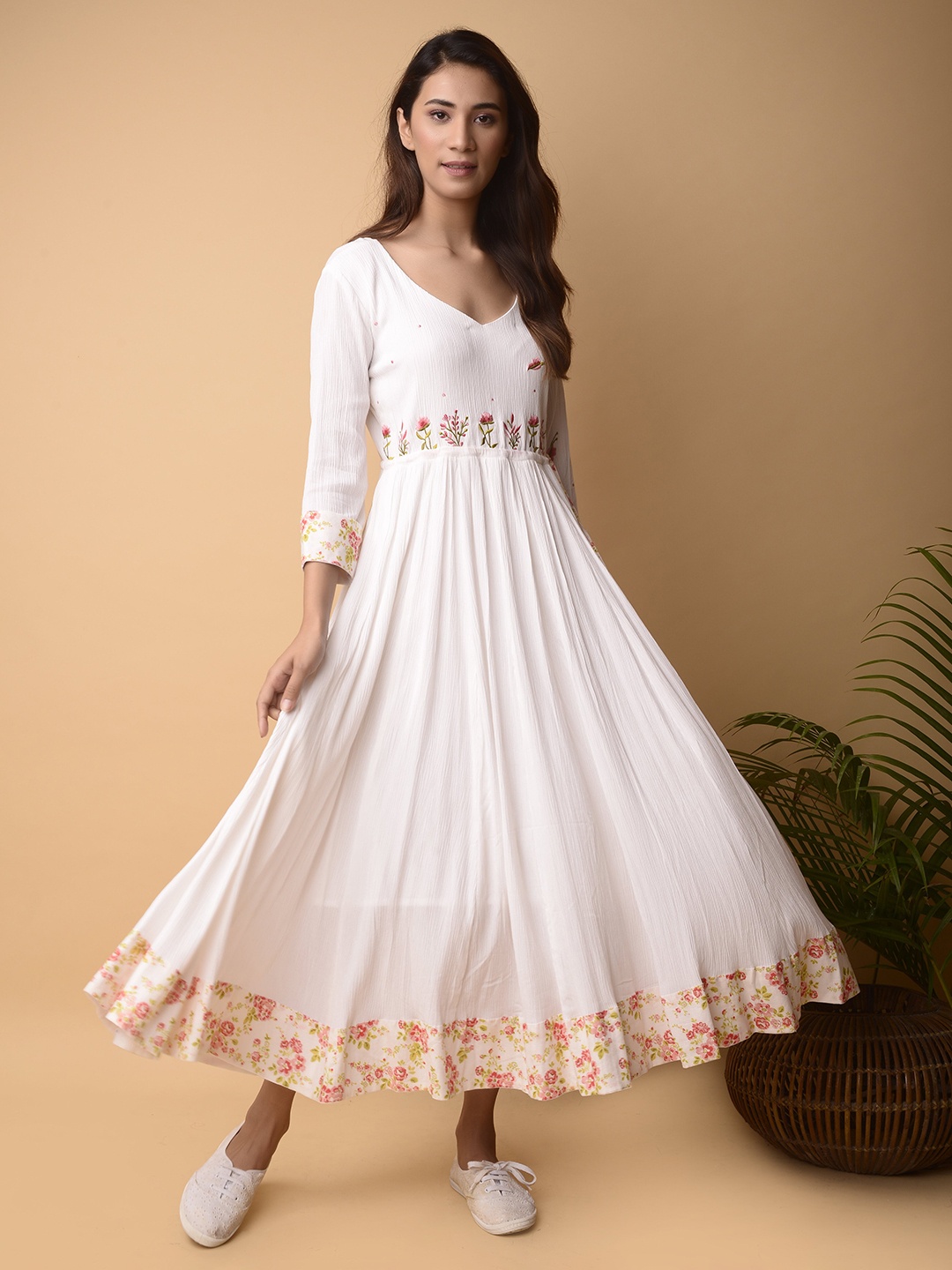 

PINKSKY Floral Embroidered V-Neck Cotton Fit & Flare Midi Dress, White