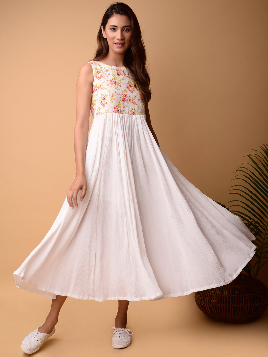 

PINKSKY Floral Printed Gathered Cotton Fit & Flare Midi Dress, White