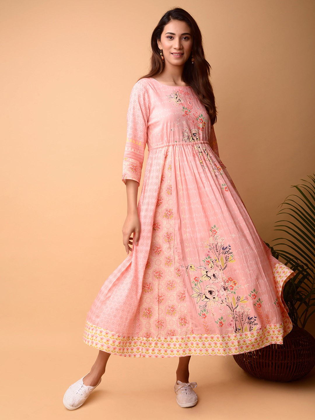 

PINKSKY Floral Printed Embroidered Cotton Fit & Flare Midi Dress, Pink