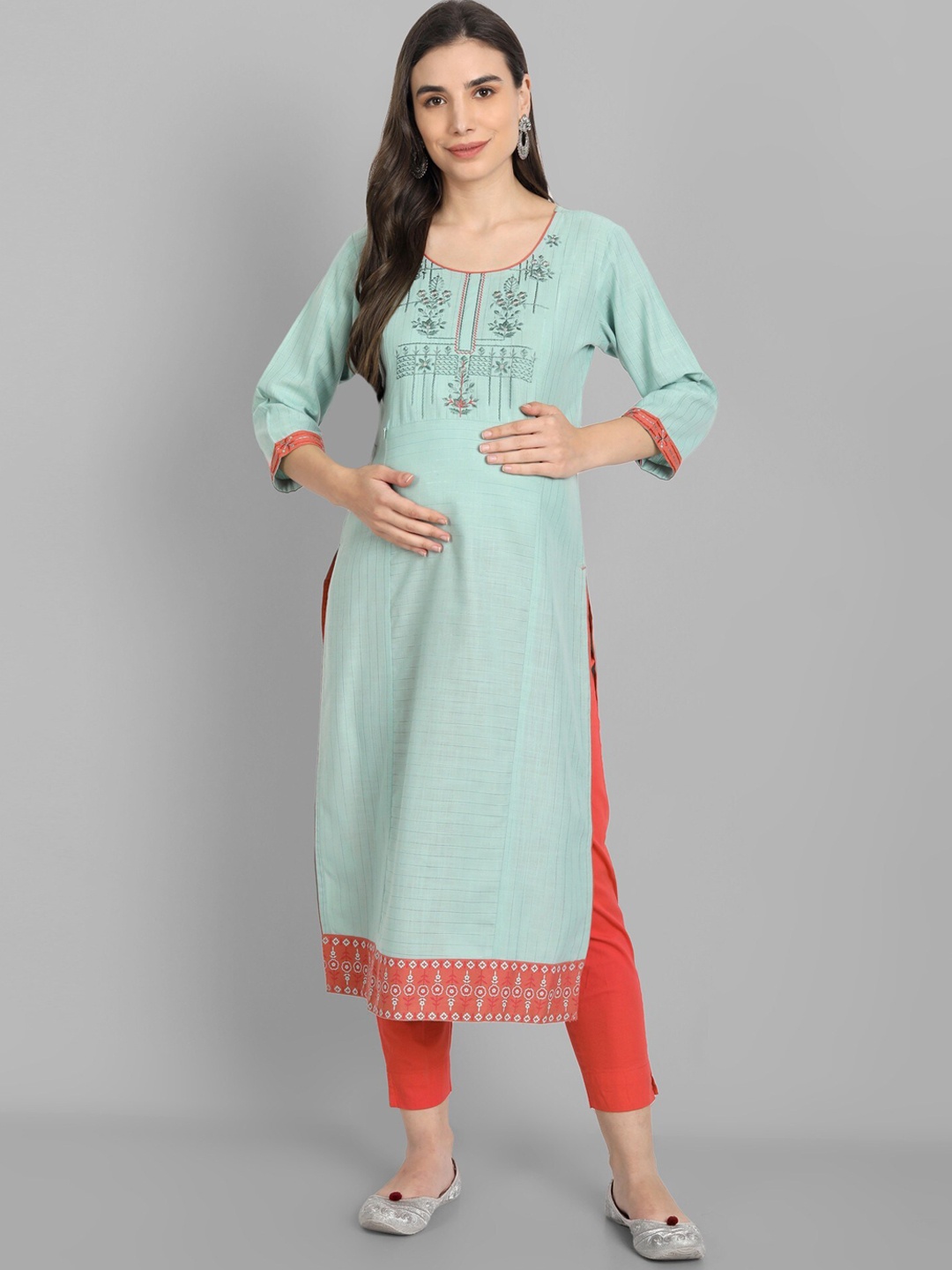 

True Shape Ethnic Motifs Embroidered Maternity Kurta, Sea green