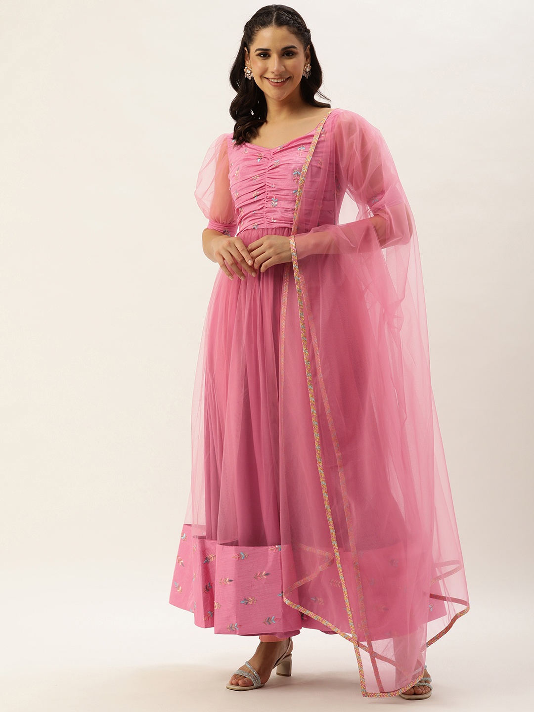 

Ethnovog Floral Embroidered Regular Sequinned Kurta with Trousers & Dupatta, Pink