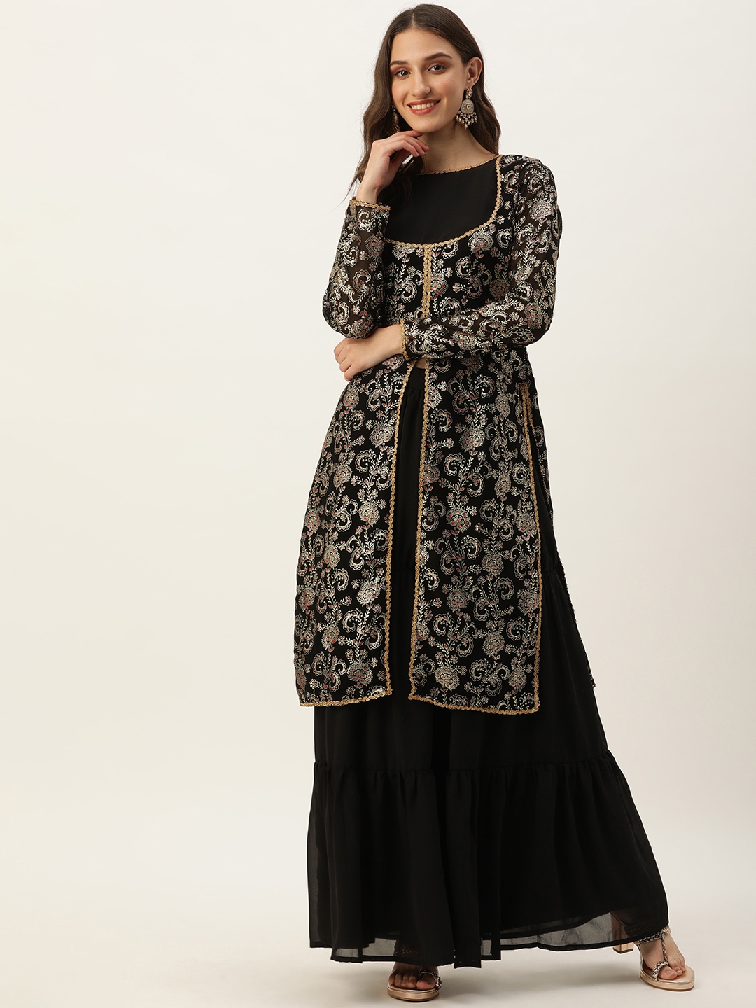 

Ethnovog Women Ethnic Motifs Embroidered Regular Kurta with Sharara, Black