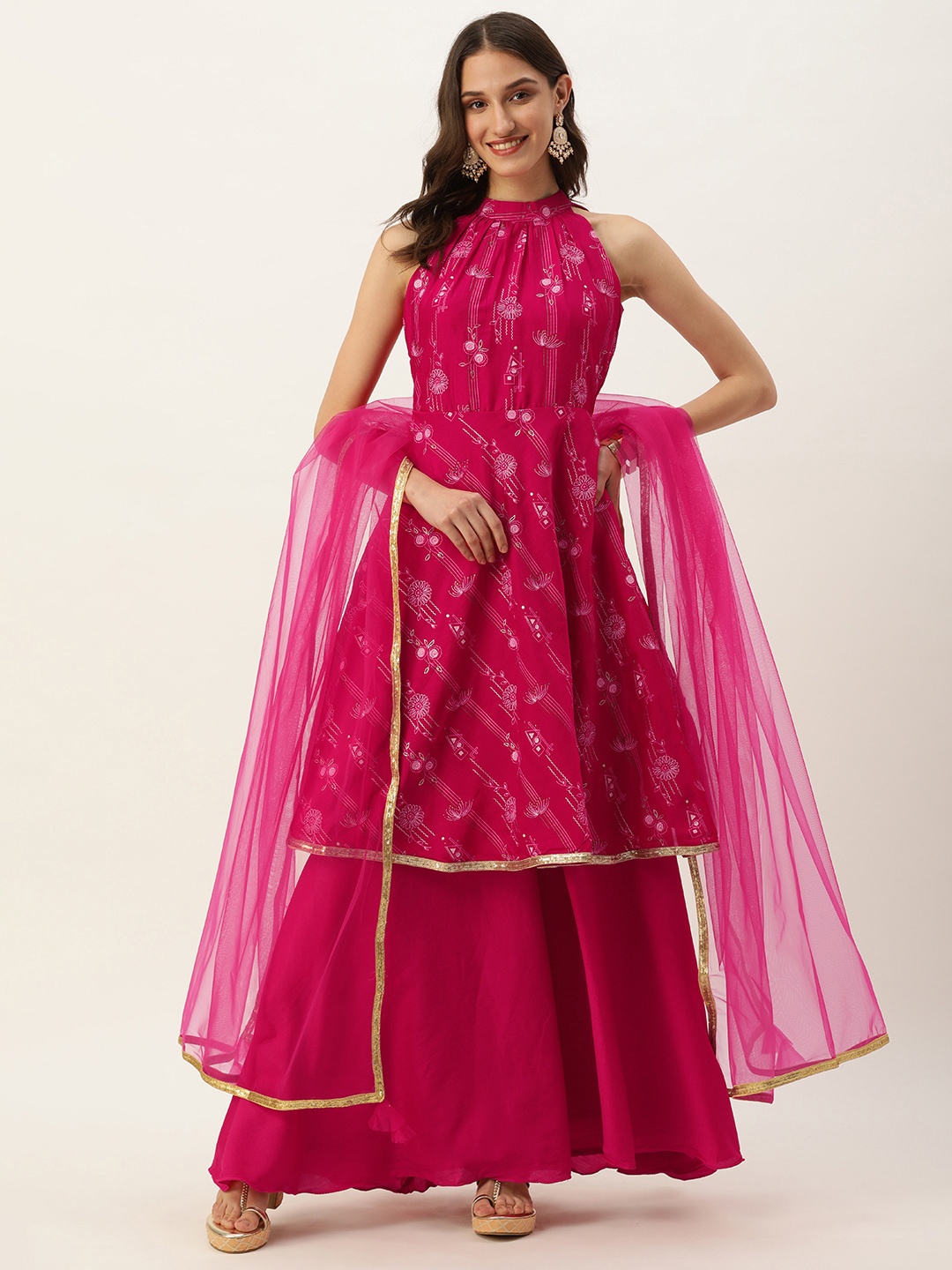 

Ethnovog Floral Foil Printed Halter Neck Kurta with Palazzos & With Dupatta, Pink