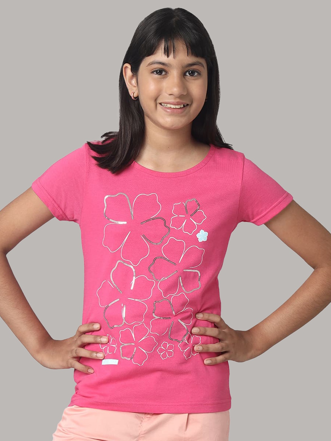 

UNDER FOURTEEN ONLY Girls Floral Printed Cotton T-Shirt, Pink
