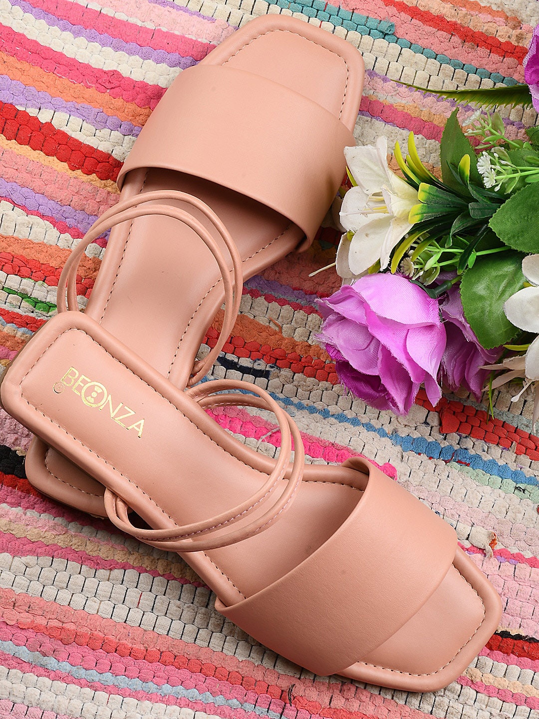 

BEONZA Strappy Open Toe Flats, Peach