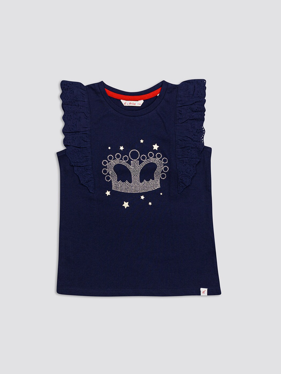 

H By Hamleys Girls Embellished Flutter Sleeves Cotton Top, Navy blue