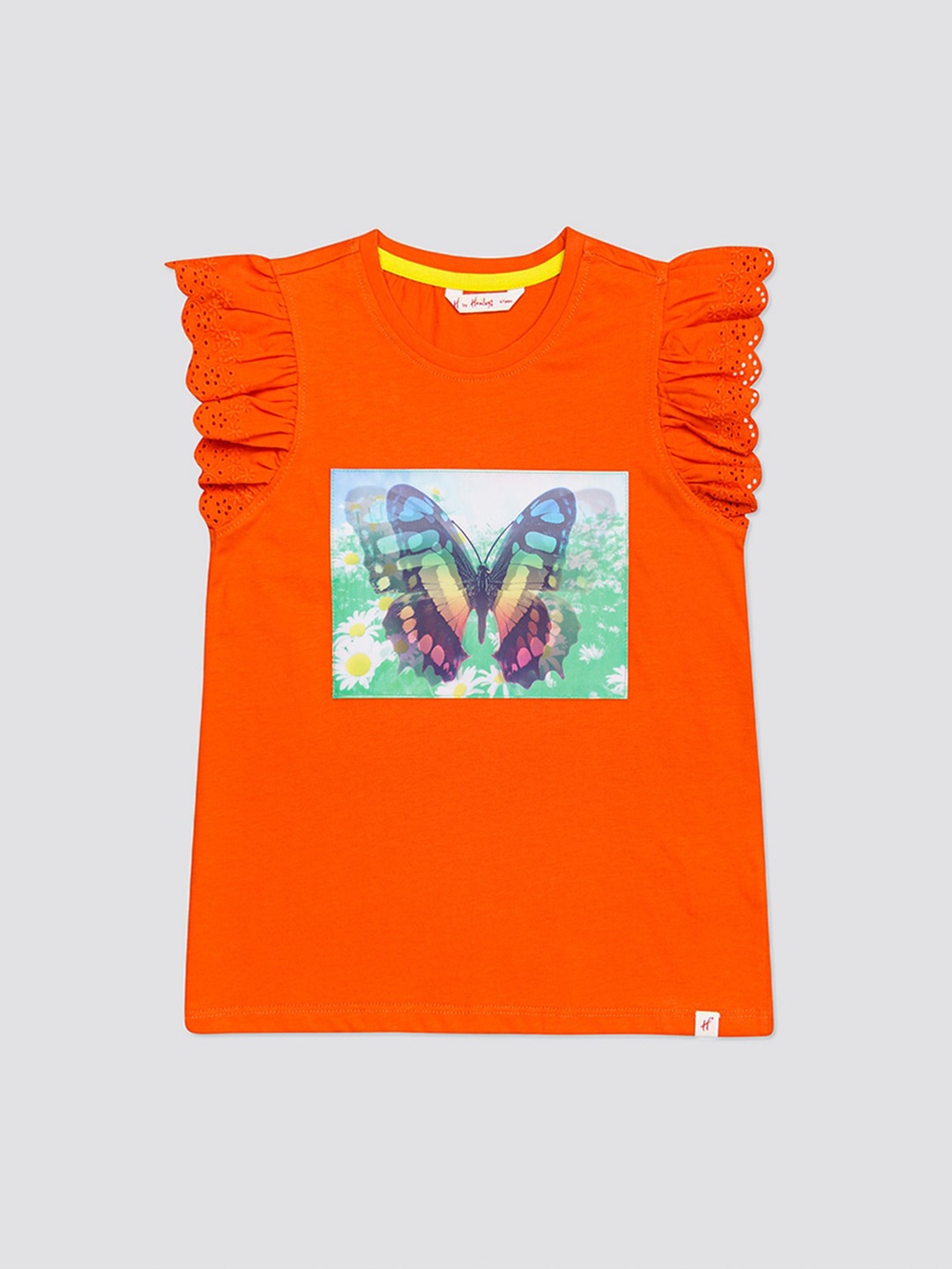 

H By Hamleys Girls Graphic Printed Flutter Sleeve Cotton Top, Orange
