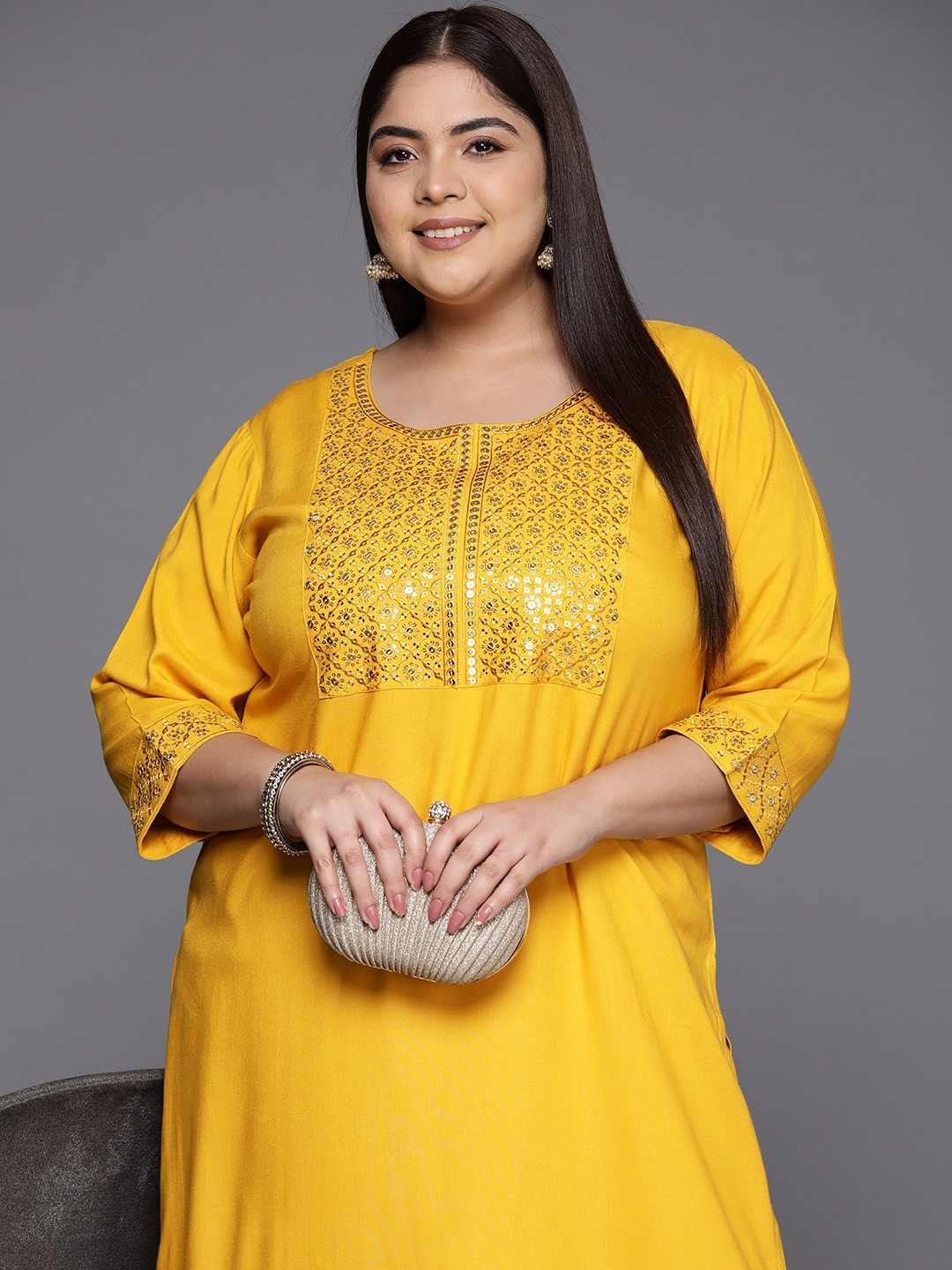 

EXTRA LOVE BY LIBAS Women Plus Size Yoke Design Sequinned Kurta, Mustard