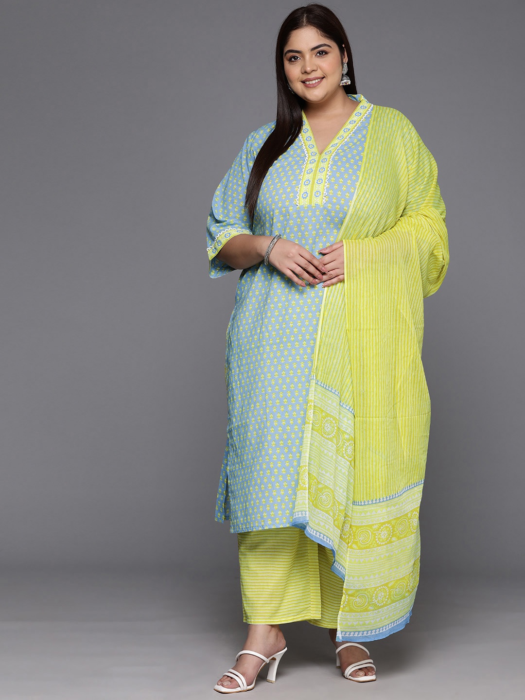 

EXTRA LOVE BY LIBAS Women Ethnic Motifs Printed Cotton Kurta with Palazzos & Dupatta, Turquoise blue