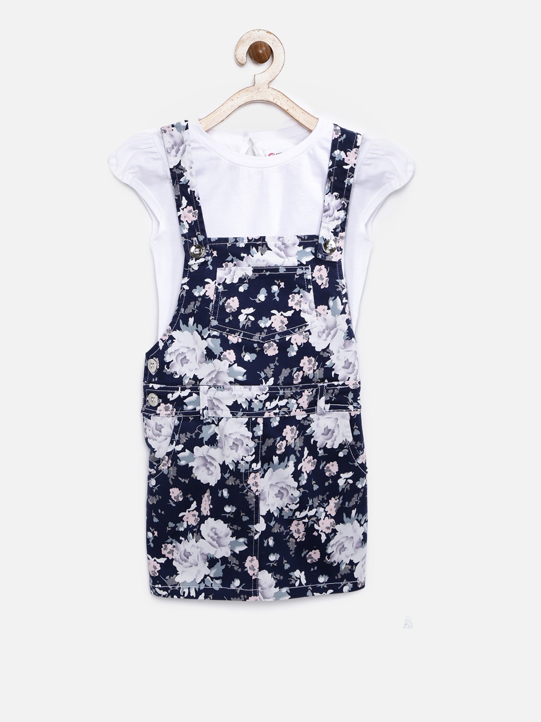 

Peppermint Girls Navy Blue Printed Pinafore Dress with a Top