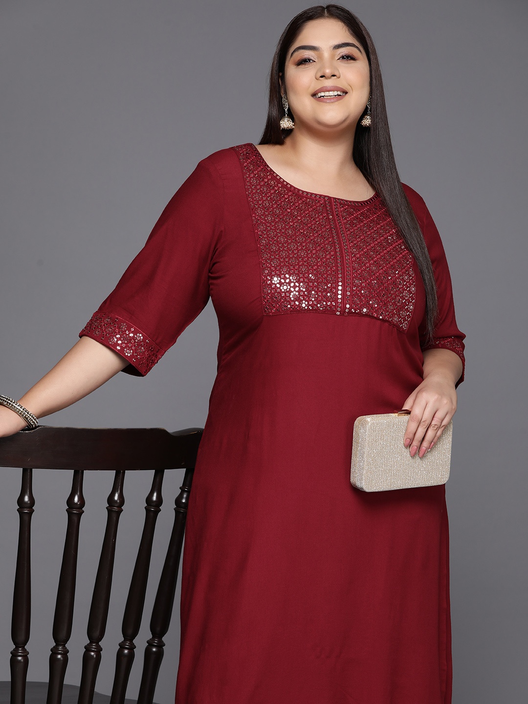 

EXTRA LOVE BY LIBAS Women Plus Size Yoke Design Sequinned Kurta, Maroon