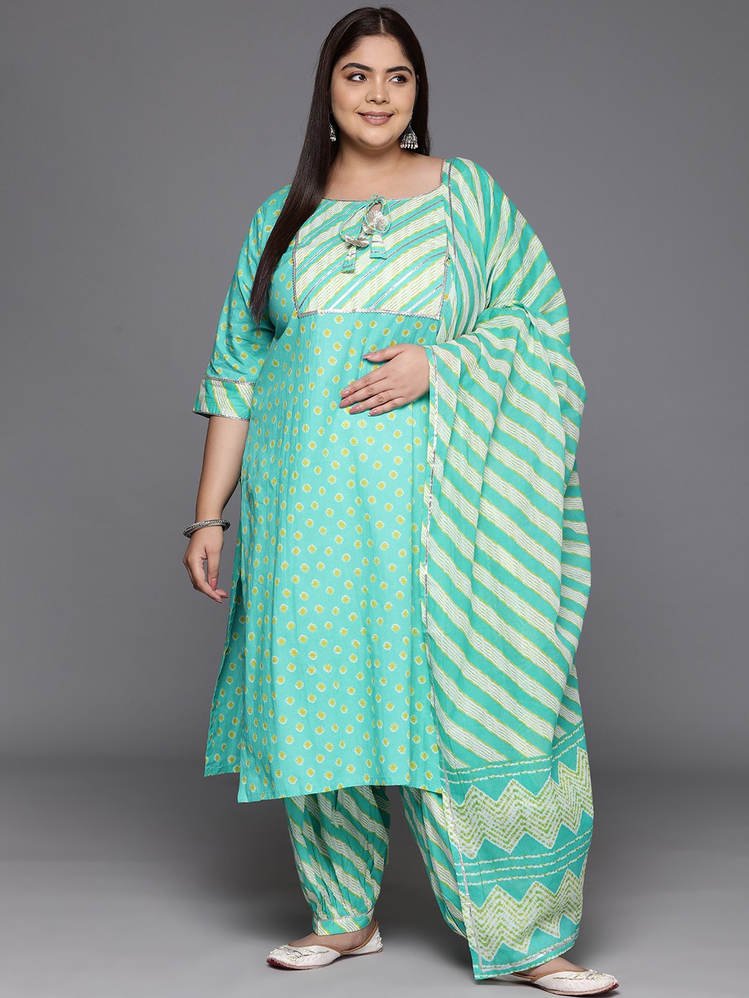 

EXTRA LOVE BY LIBAS Plus Size Yoke Design Gotta Patti Cotton Kurta with Salwar & Dupatta, Turquoise blue