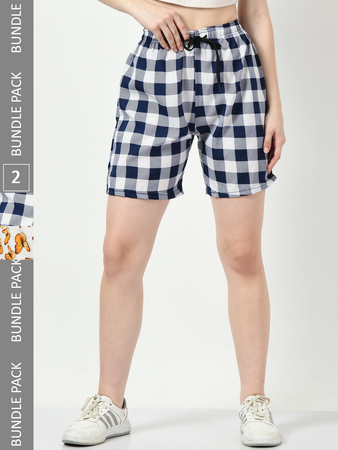 

BAESD Women Pack Of 2 Checked High-Rise Cotton Shorts, Navy blue