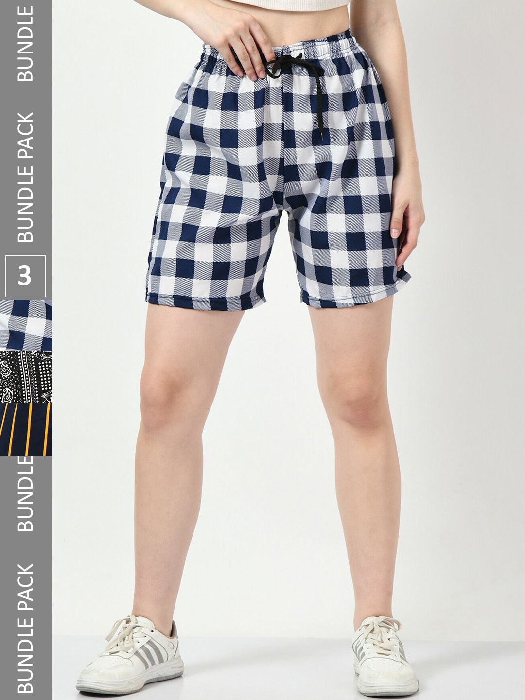 

BAESD Women Pack Of 2 Checked High-Rise Cotton Shorts, Navy blue