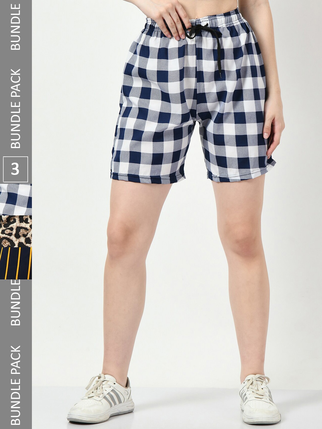 

BAESD Women Pack Of 3 Checked High-Rise Regular Shorts, Navy blue