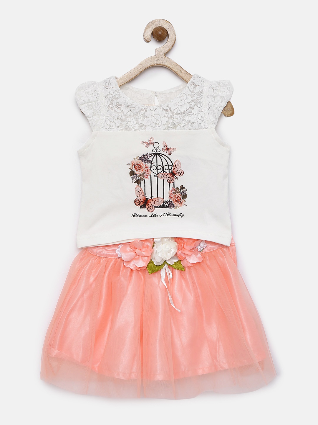 

Peppermint Girls Peach-Coloured & White Self Design Top with Skirt