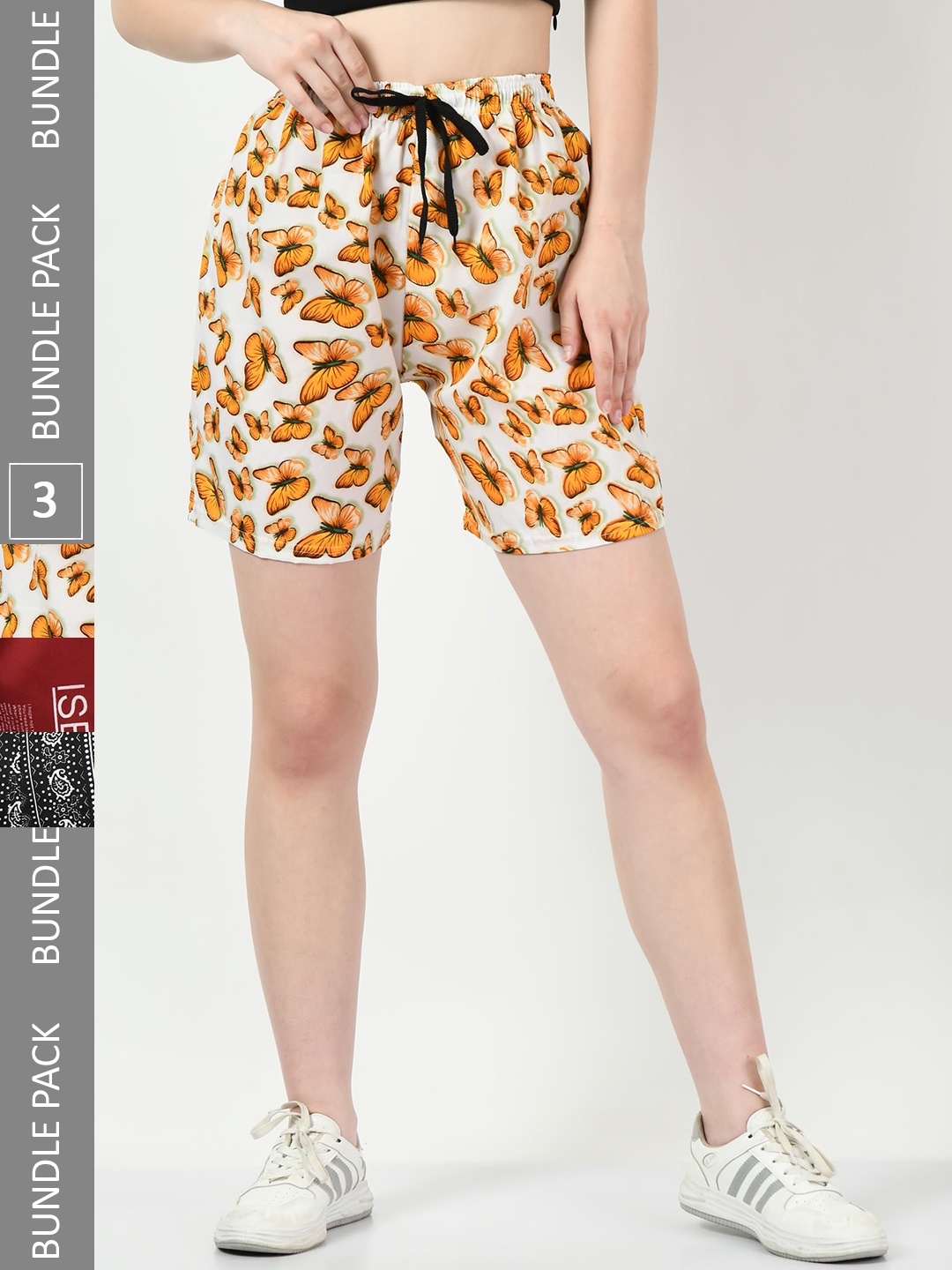 

BAESD Women Pack Of 3 Printed High-Rise Regular Shorts, Yellow