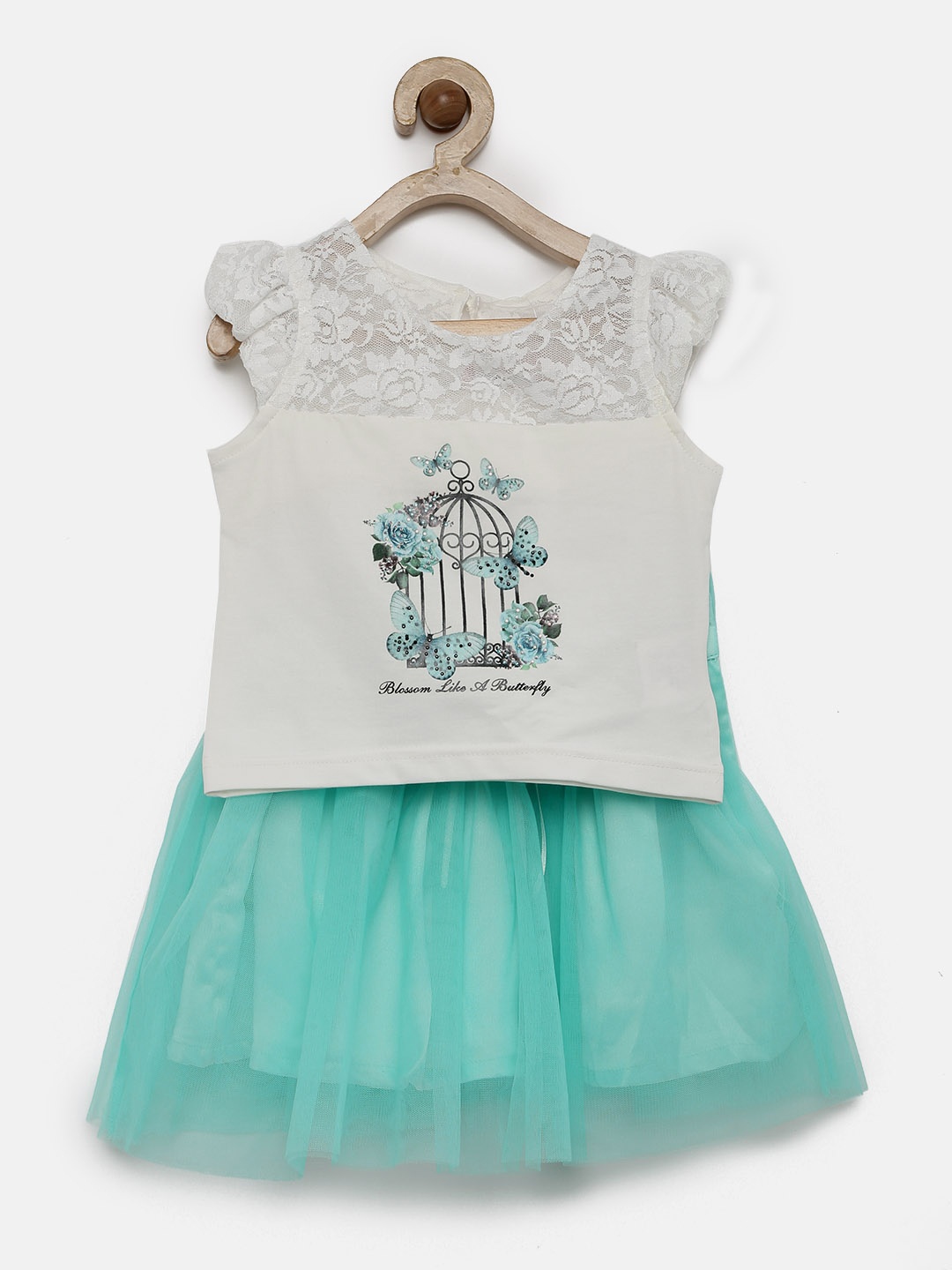 

Peppermint Girls White & Blue Embellished Top with Skirt