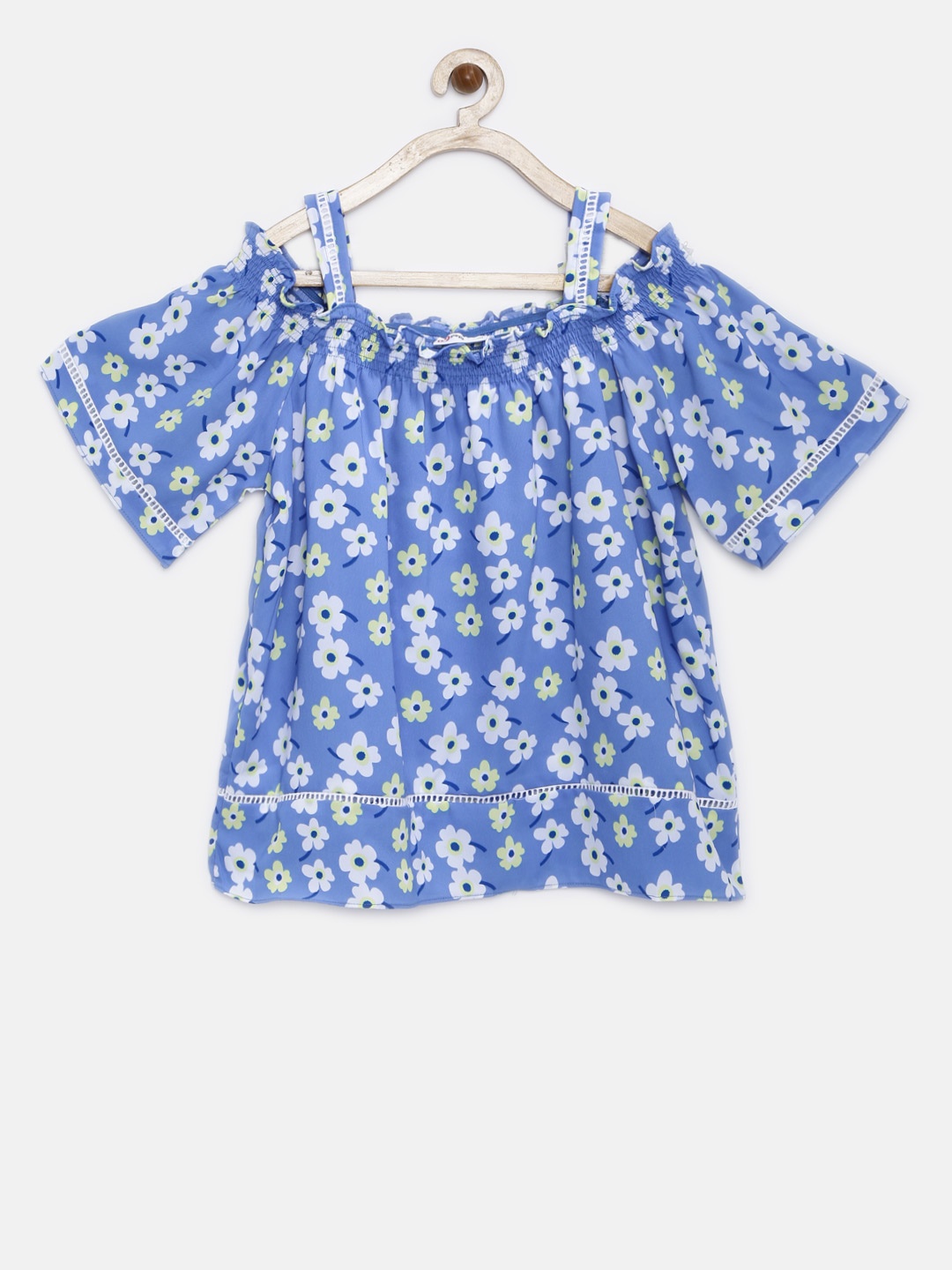 

Peppermint Girls Blue & White Floral Print Bardot Top