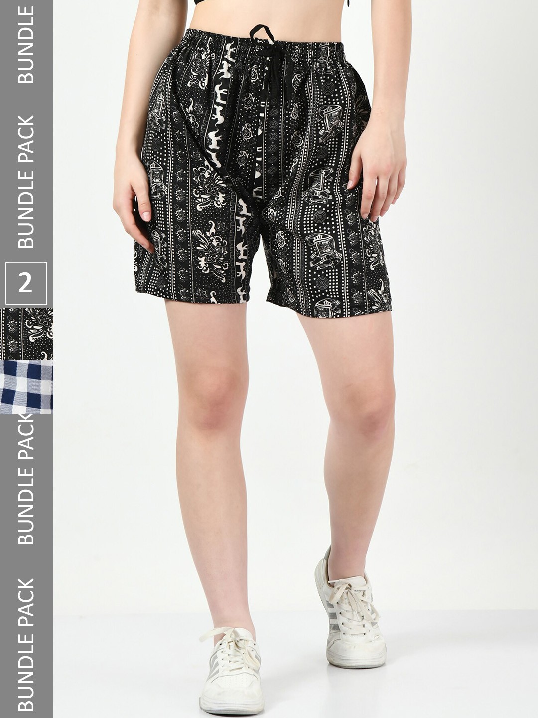 

BAESD Women Pack Of 2 Printed High-Rise Regular Shorts, Black