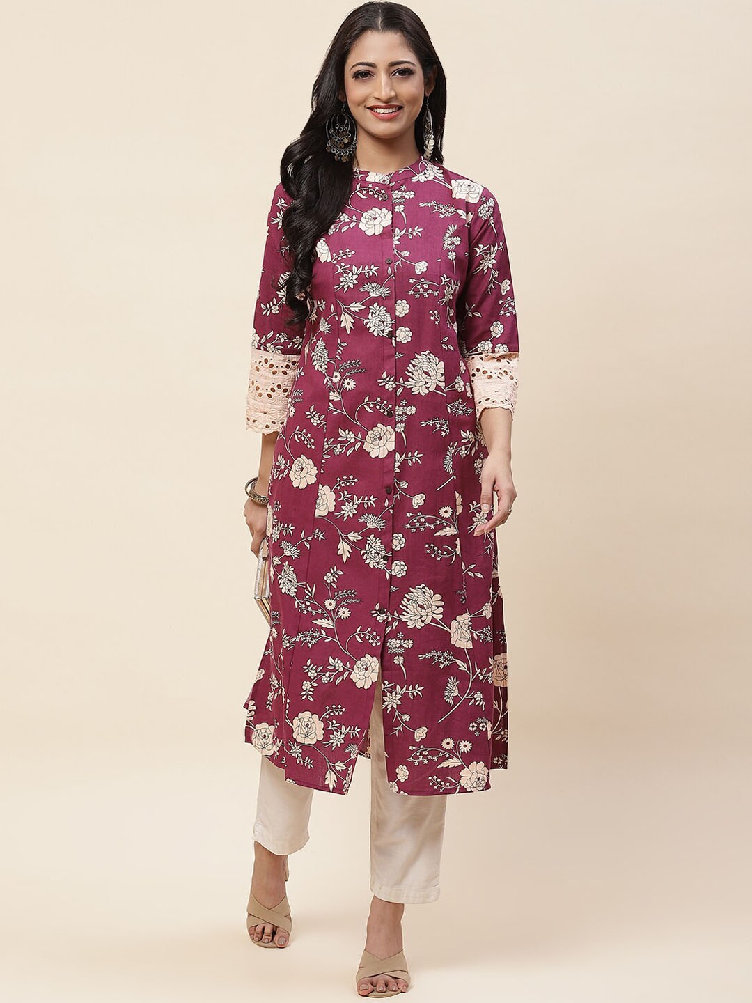 

Meena Bazaar Floral Printed Mandarin Collar Straight Kurta, Burgundy