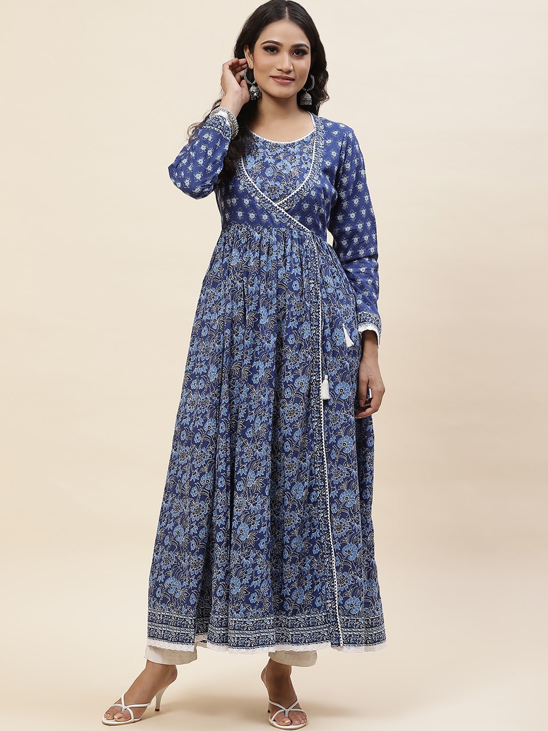 

Meena Bazaar Ethnic Motifs Printed Gotta Patti Cotton Anarkali Kurta, Blue