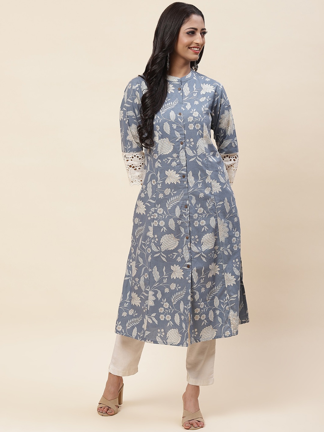 

Meena Bazaar Floral Printed Mandarin Collar Pure Cotton Kurta, Grey