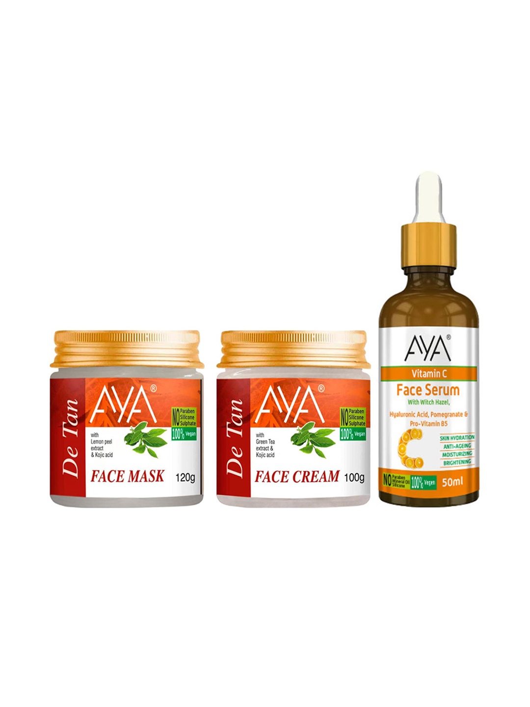 

AYA Set Of 3 Vitamin C Face Serum-50ml De-Tan Face Mask -120gm & De-Tan Face Scrub-100gm, Orange
