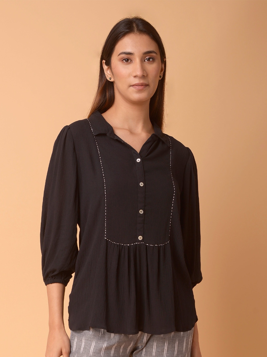 

PINKSKY Puffed Sleeves Cotton Shirt Style Top, Black