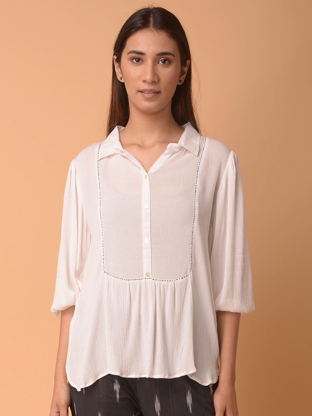 

PINKSKY Shirt Collar Cotton Regular Top, Off white