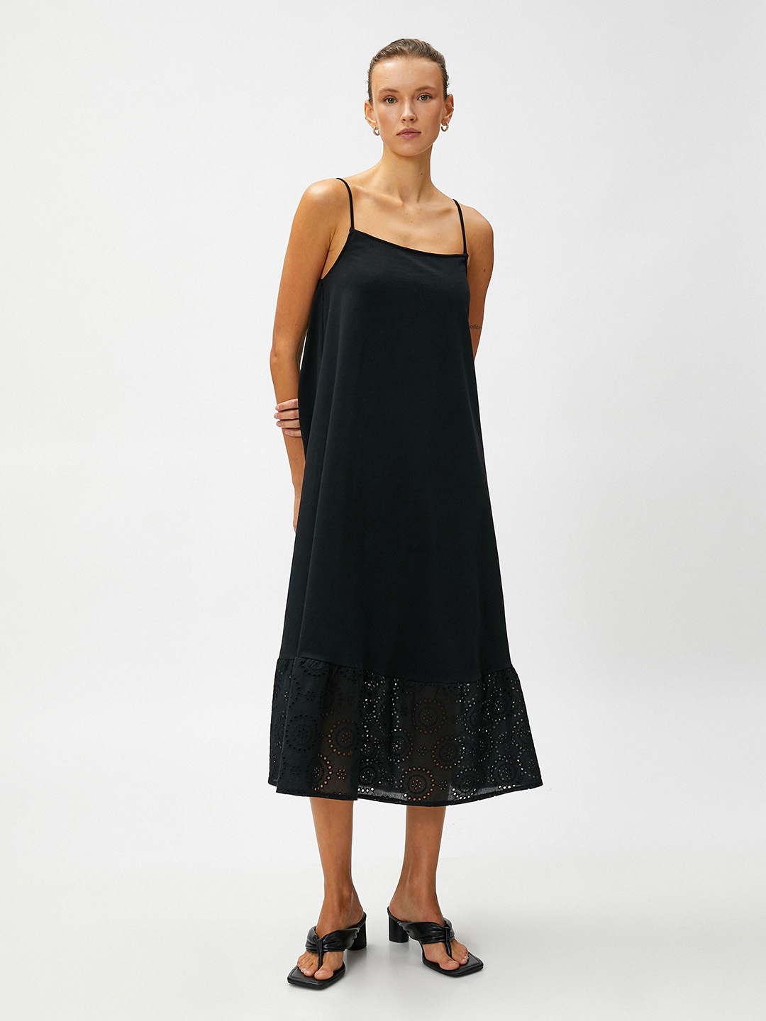 

Koton Shoulder Straps Schiffli Pure Cotton A-Line Midi Dress, Black