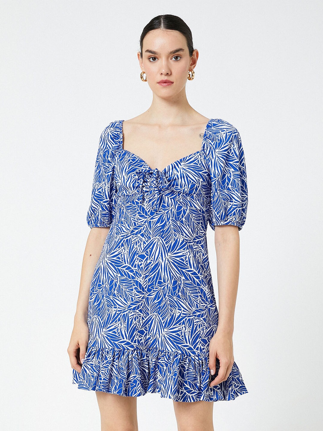 

Koton Floral Printed Puff Sleeve Tie-Up A-Line Dress, Blue