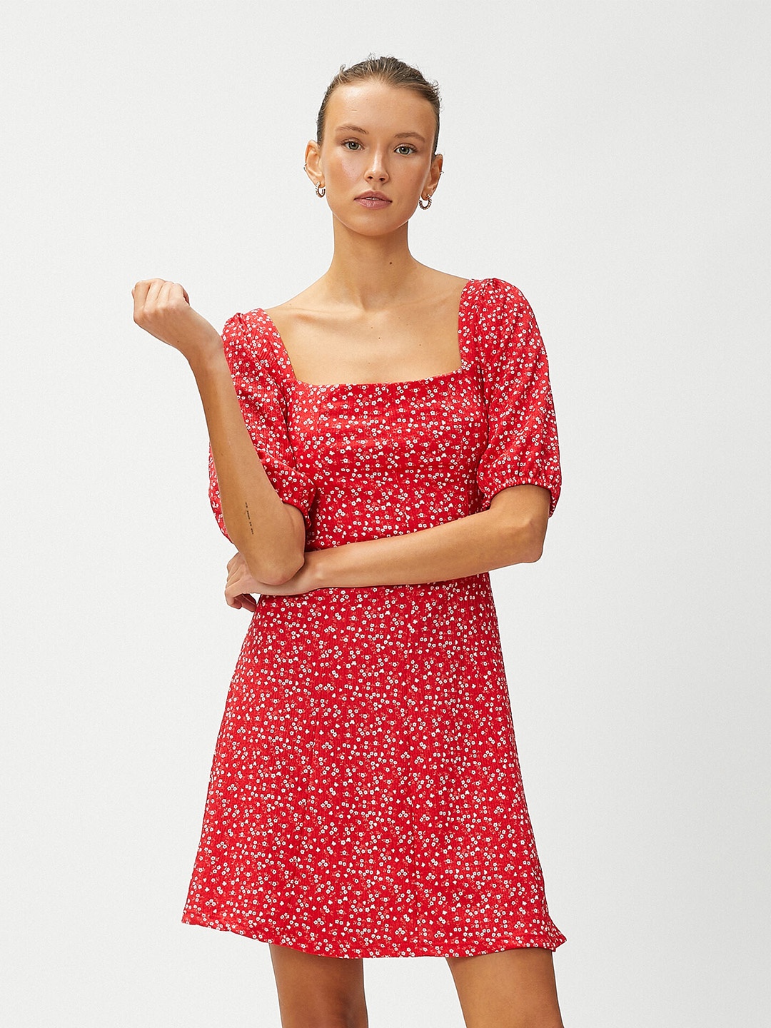 

Koton Micro Ditsy Printed Square Neck Puff Sleeves A-Line Dress, Red