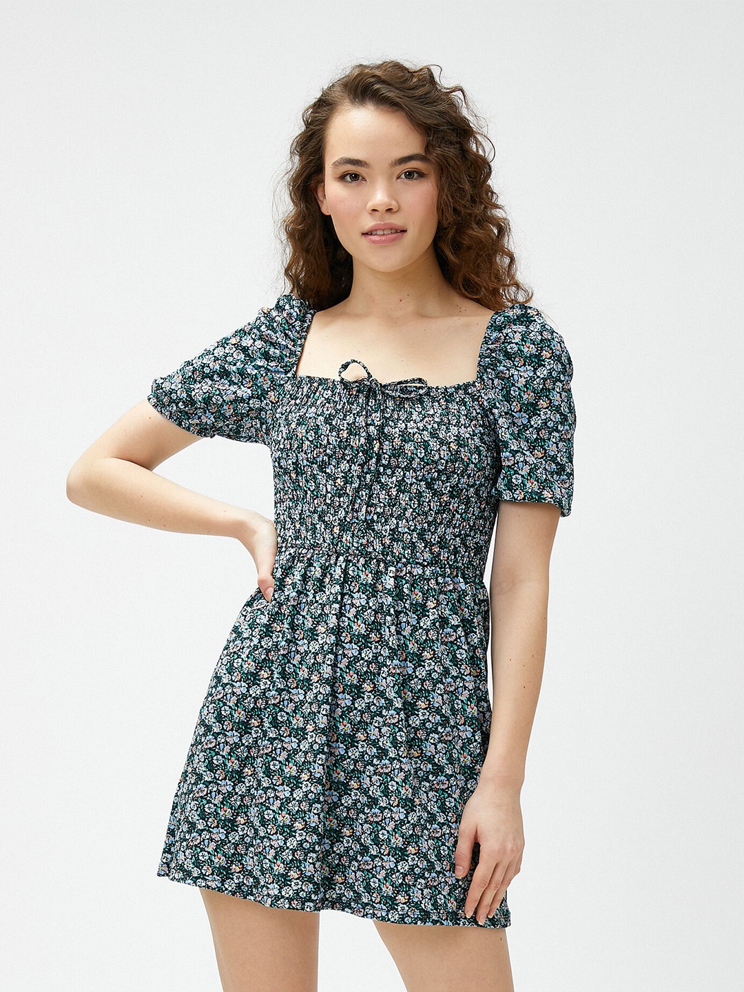 

Koton Floral Printed Square Neck Puff Sleeves Smocked Fit & Flare Mini Dress, Black