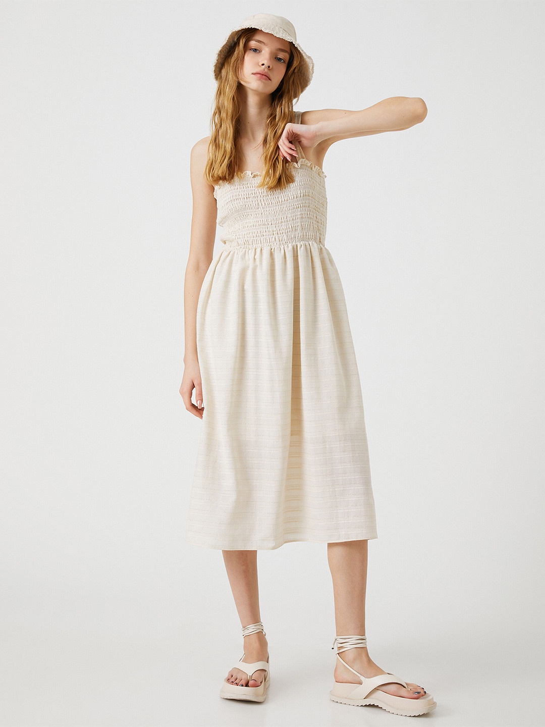 

Koton Shoulder Straps Smocked Cotton Fit & Flare Midi Dress, Off white