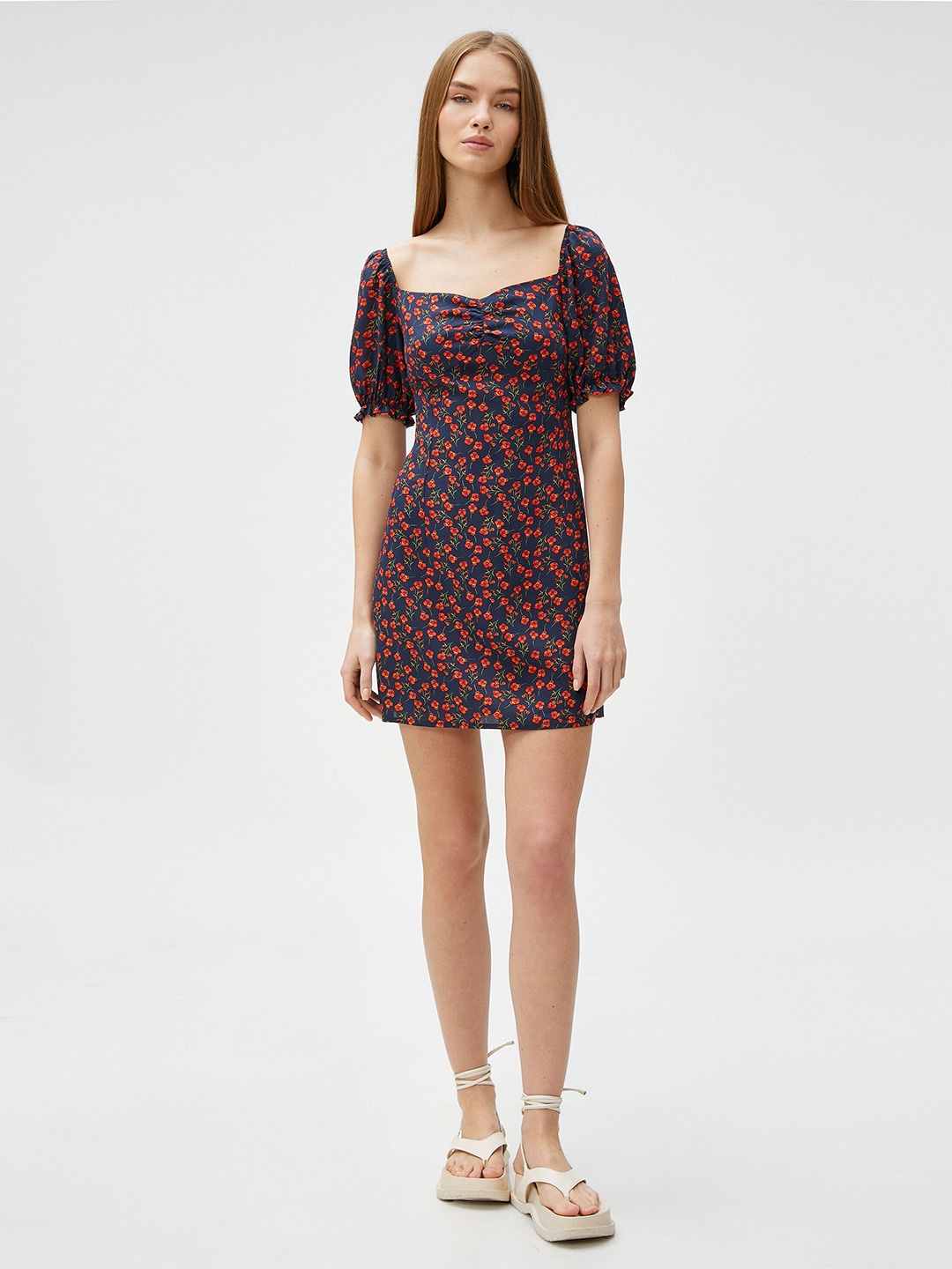 

Koton Floral Printed Sweetheart Neck Puff Sleeve A-Line Mini Dress, Navy blue