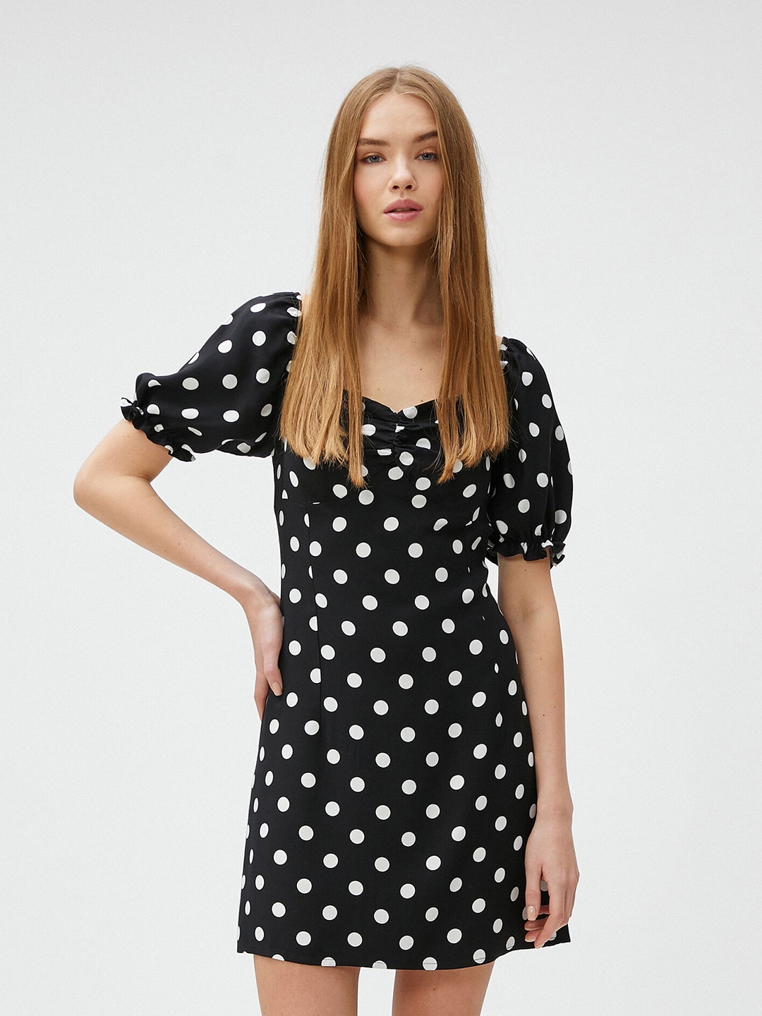 

Koton Polka Dots Printed Puff Sleeves Ruched A-Line Mini Dress, Black