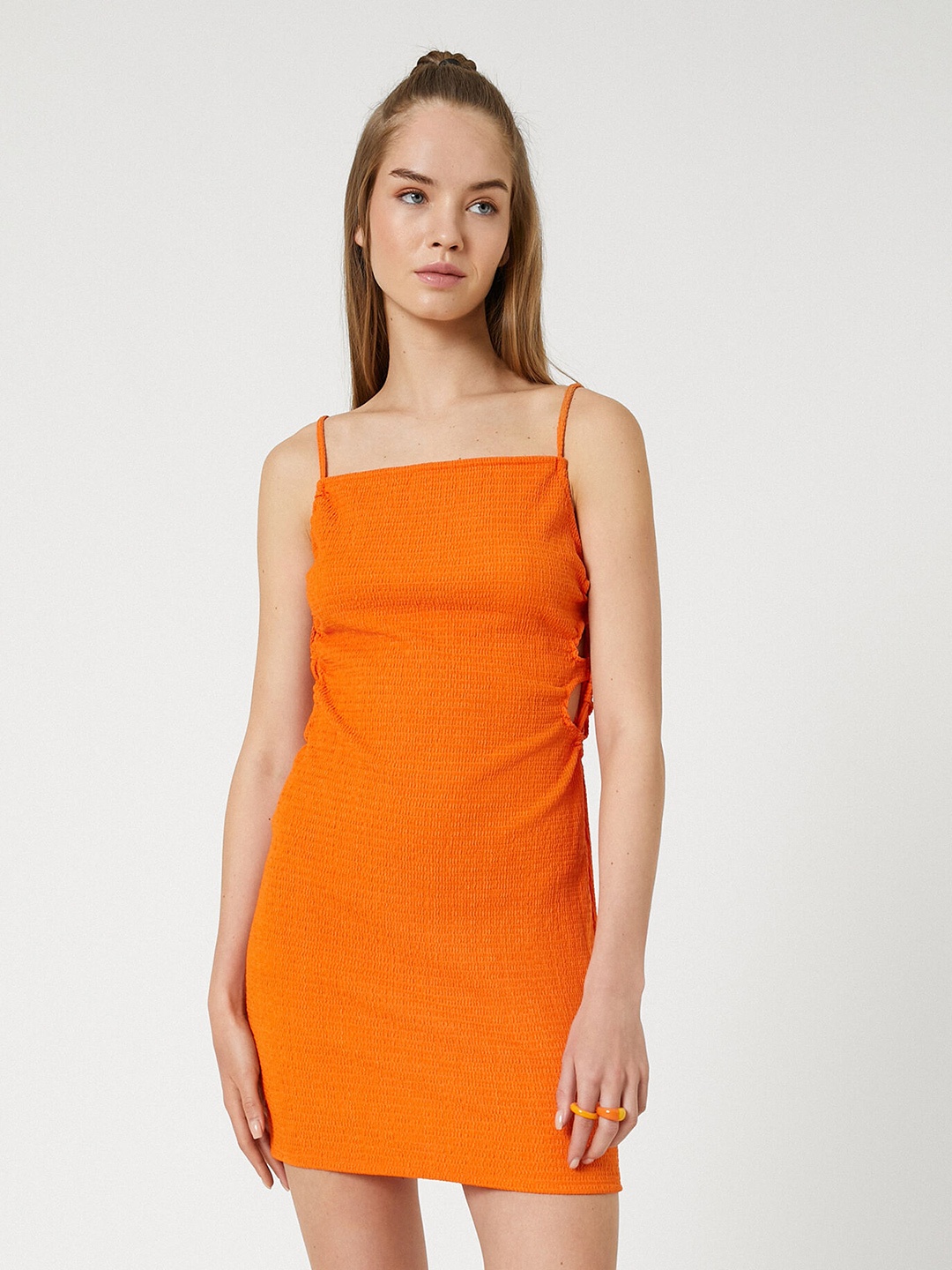 

Koton Self Design Shoulder Strap Cut Out Sheath Dress, Orange