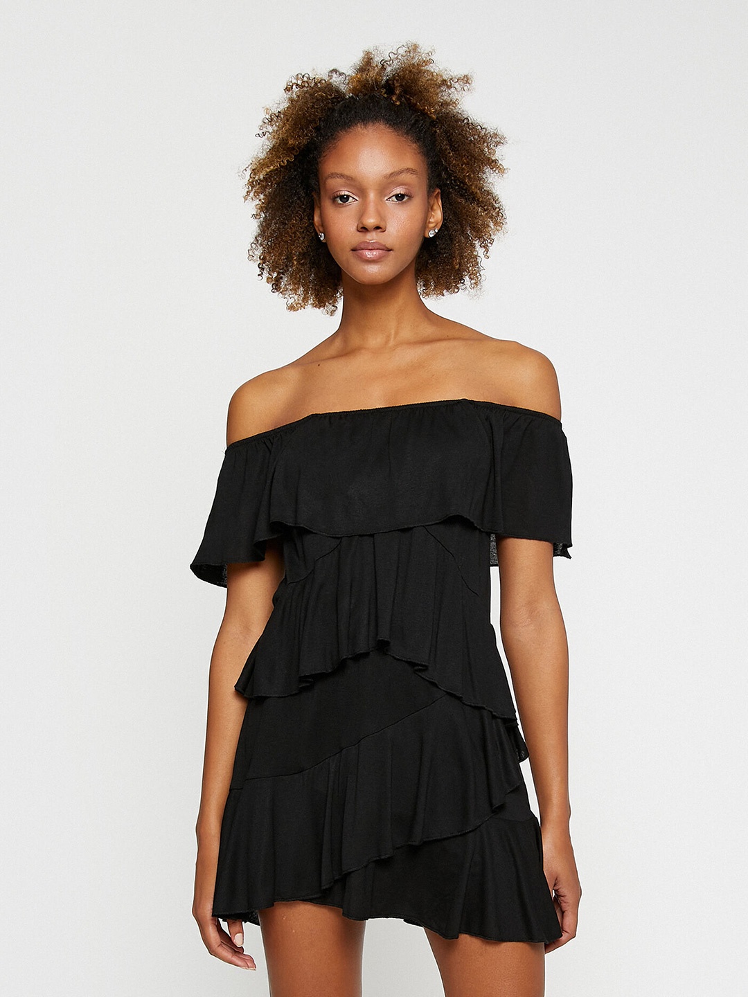 

Koton Off Shoulder Fit & Flared Mini Dress, Black