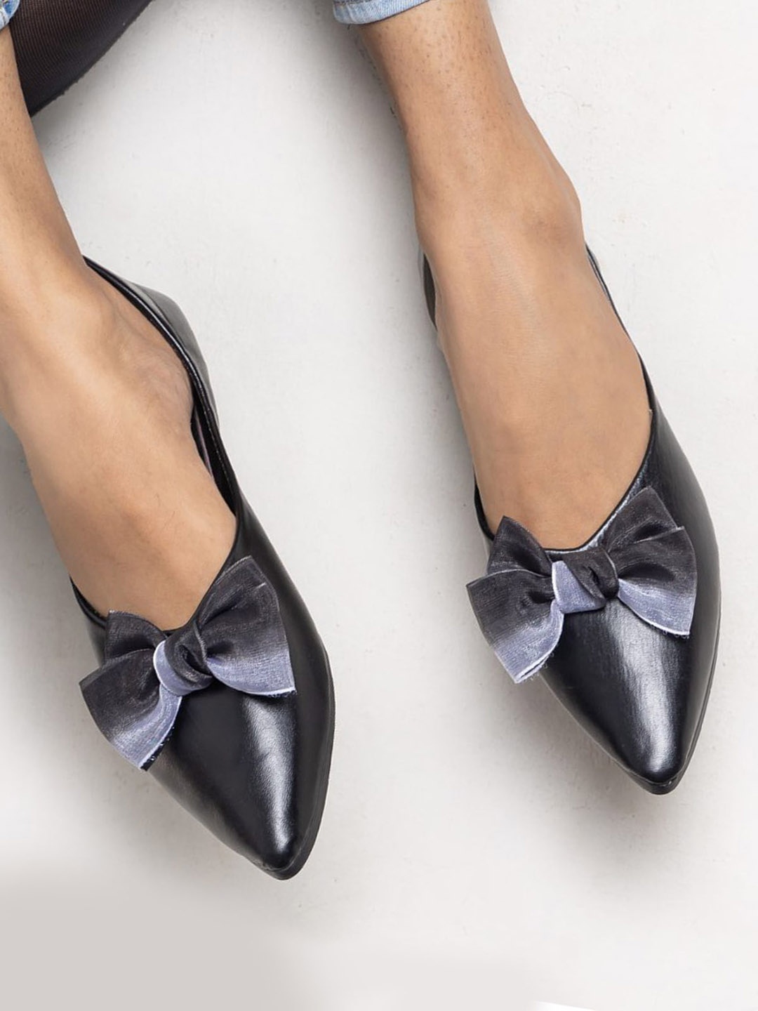 

ODETTE Bow Embellished Pointed Toe Ballerinas, Black