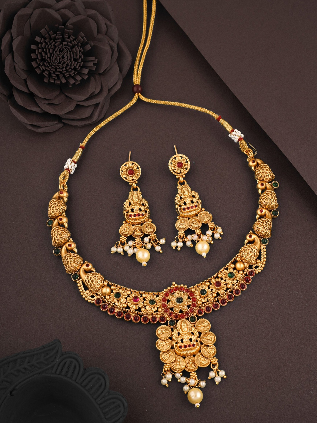 

ROFARWORD Gold-Plated Stone-Studded Necklace & Earring