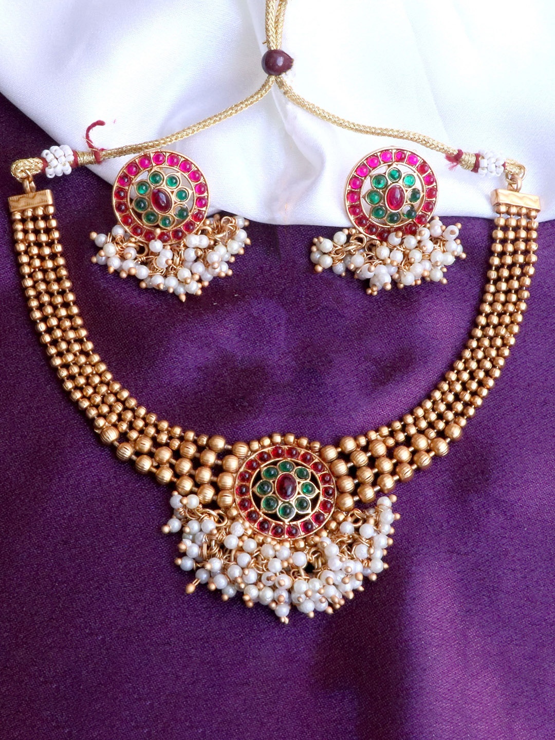 

ROFARWORD Gold-Plated Stone-Studded & Pearl Beaded Jewellery Set