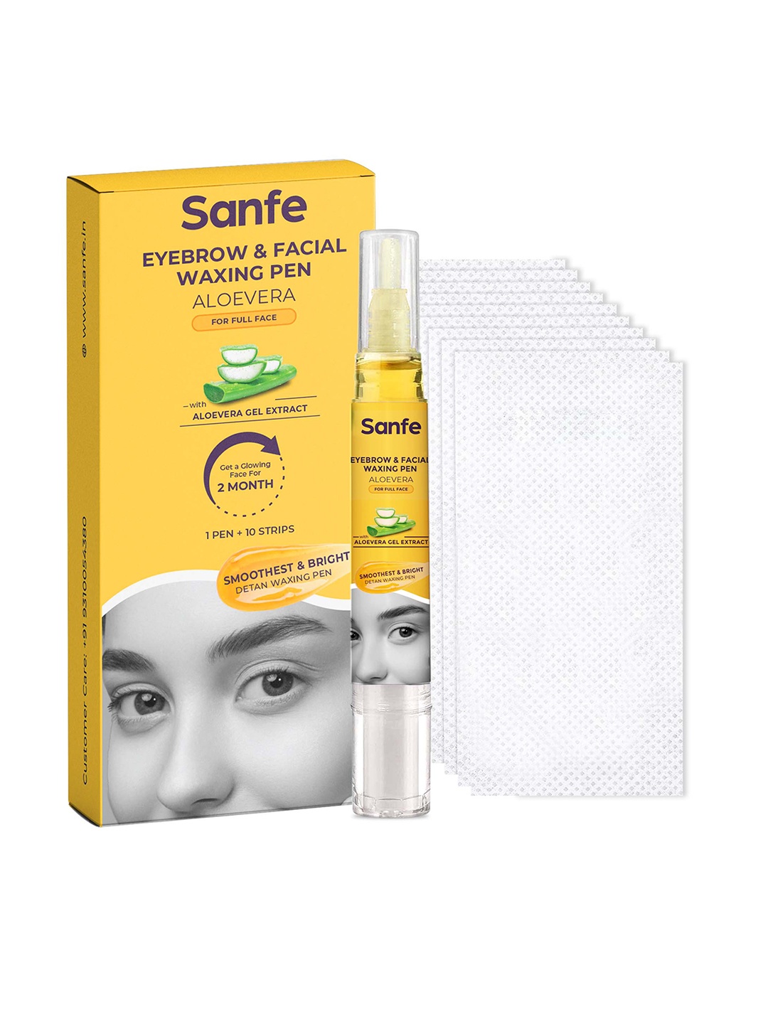 

Sanfe Aloevera Eyebrow & Facial Detan Waxing Pen 5ml with 10 Waxing Strips, Yellow