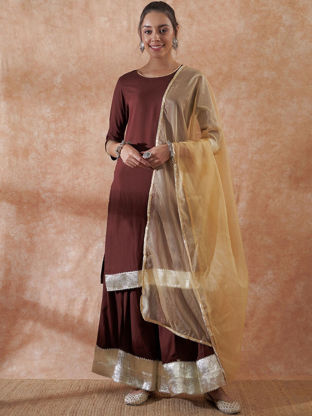 

InWeave Brown Round Neck Gotta Patti Detailed Straight Kurta & Sharara with Dupatta