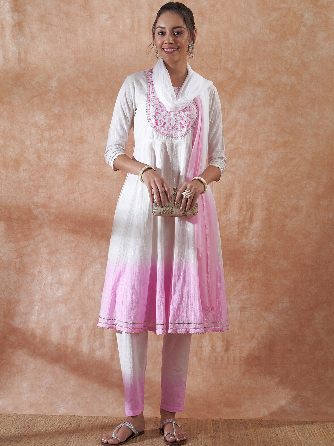 

InWeave White & Blue Ombre Thread Work Pure Cotton A- Line Kurta & Trousers with Dupatta